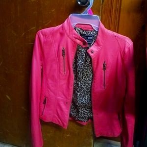 Pink leather jacket with leopard print on inside